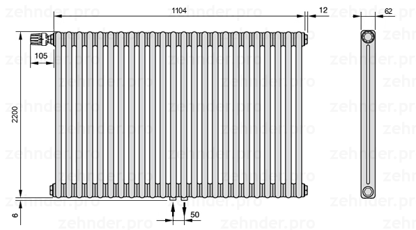 Схема (чертеж) Радиатор Zehnder Charleston 2220/24 №V007 Белый глянцевый RAL 9016